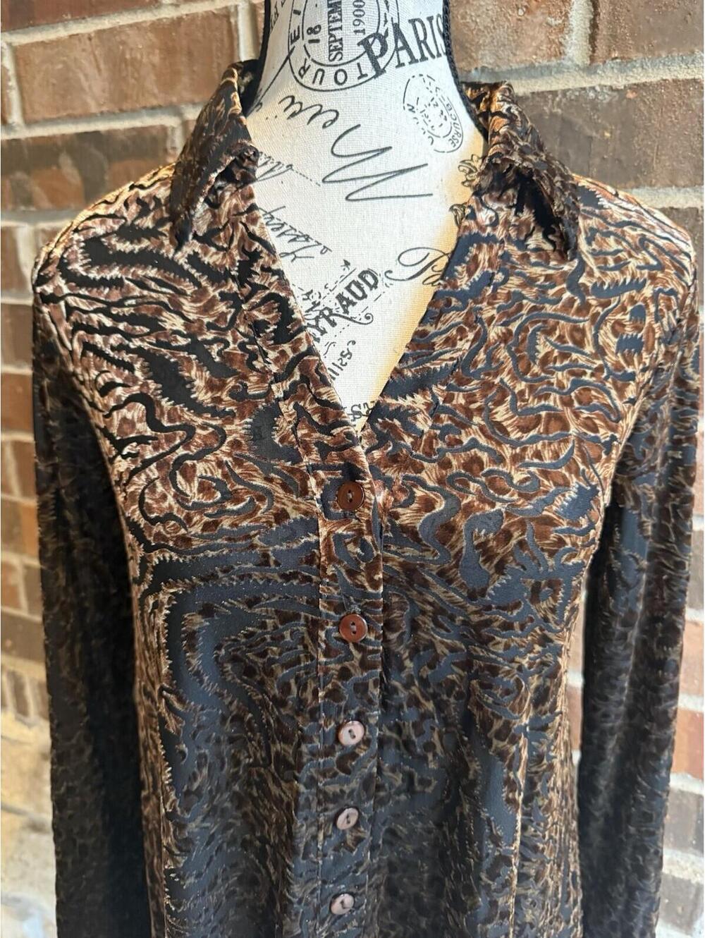 🐱✨ Sno Skins Small Burnout Velvet Blouse Cheetah Animal Print Brown Black - Picture 3 of 10